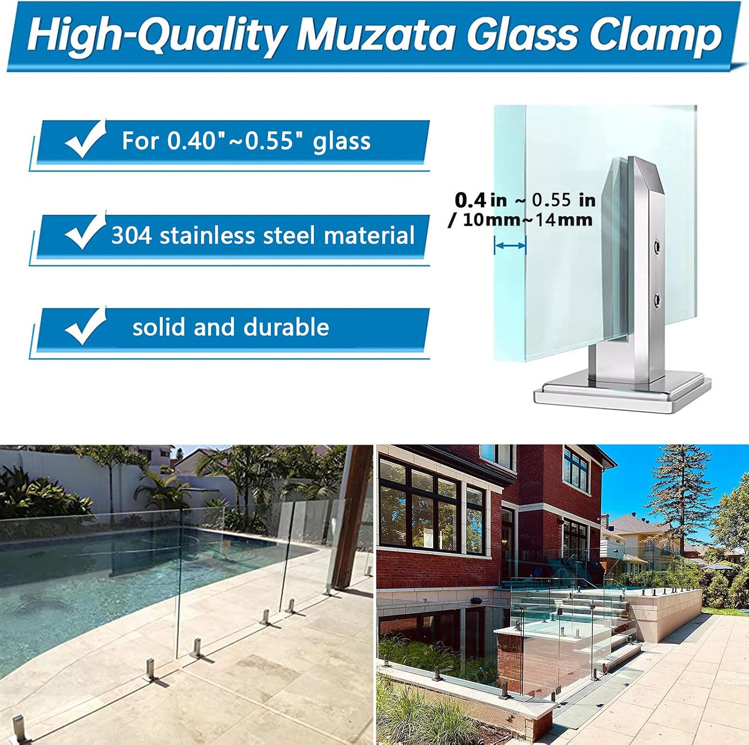 14pack Glass Clamp Glass Standoff Rectangle 304 Stainless Spigot Glass Clamp, 10-14mm Floor Glass Mounting Brackets Post Balustrade Stairs Railing Pool Balcony Fence Bracket