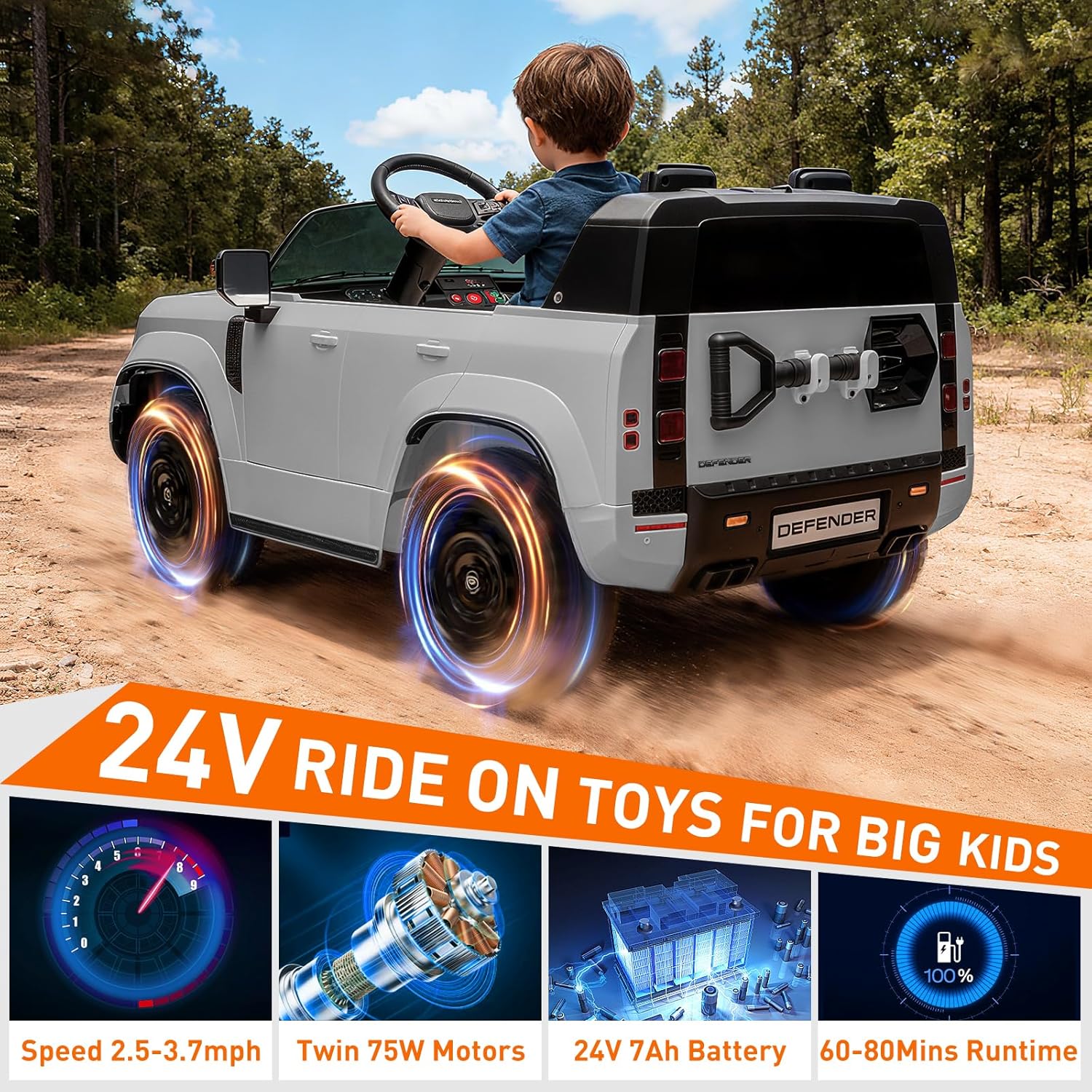 MINIATURE MOTORS 24V Ride on Toys for Big Kids, 2-Seater Toddlers Licensed Electric Car Remote Control, 3.7mph Max Speed, Bluetooth Music, Shovel, Seat Belt, 4-Wheeler Suspension, Boy Girl Gift-Grey