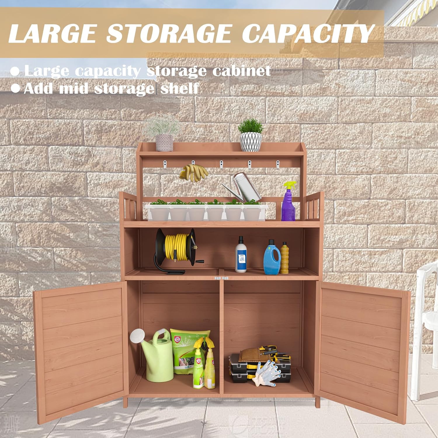 Potting Bench Outdoor Gardening Table for Outside Wood GPlanting Workstation Work Benches with Large Storage Cabinet Top Shelf for Patio
