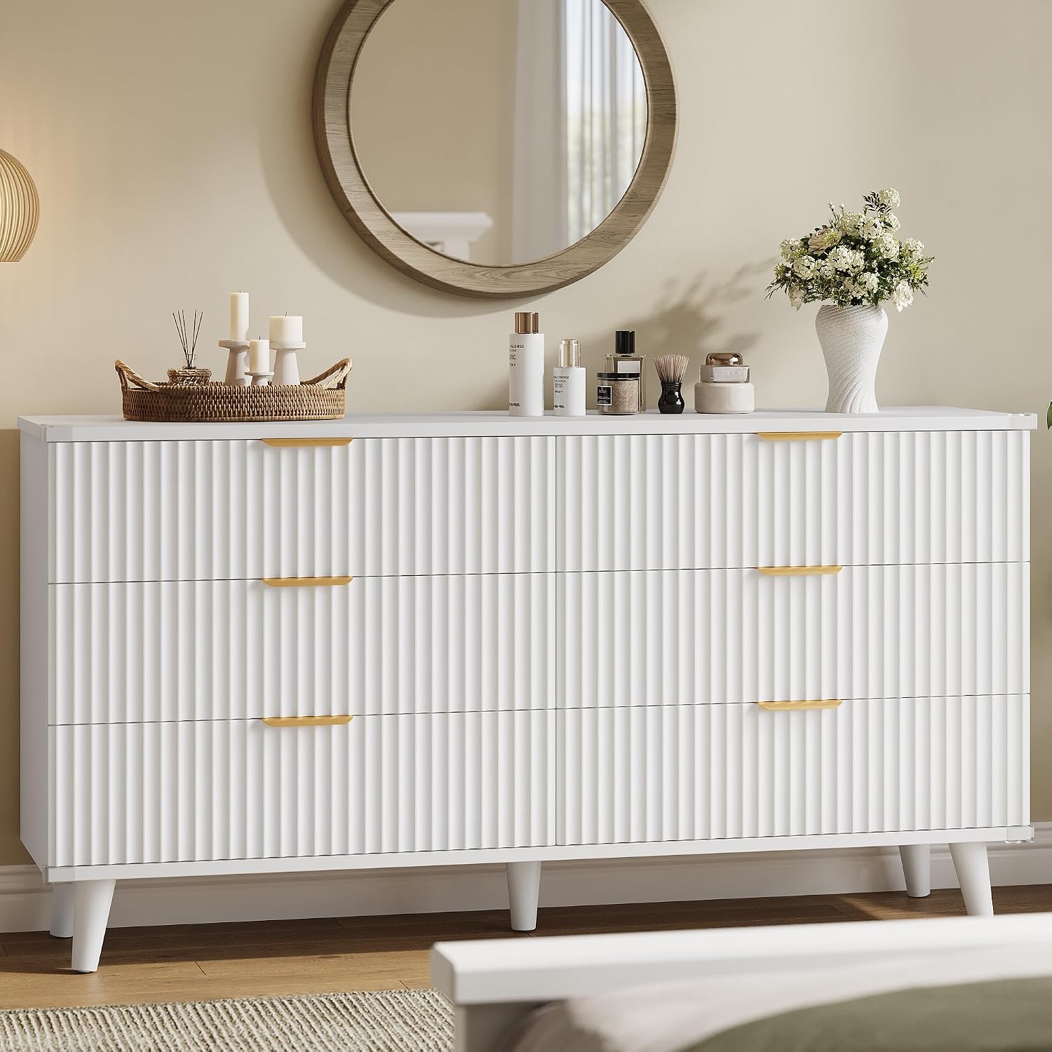 Lulive White Dresser for Bedroom Wood Dressers Chest of Drawers, Fluted 53.2' Wide Modern Long Dresser TV Stand 6 Drawers for Bedroom, Closet, Living Room, Hallway (White)