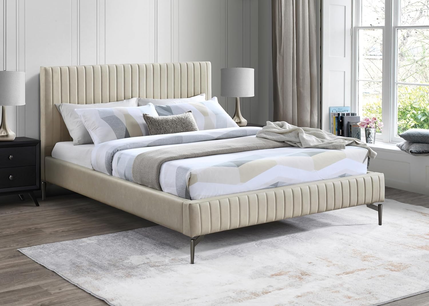 Meridian Furniture GalloBeige-K Gallo Collection Modern | Contemporary King Bed with Soft Beige Vegan Leather, Deep Channel Tufting and Black Metal Legs, 81.5' W x 89' D x 43.5' H, Beige, King