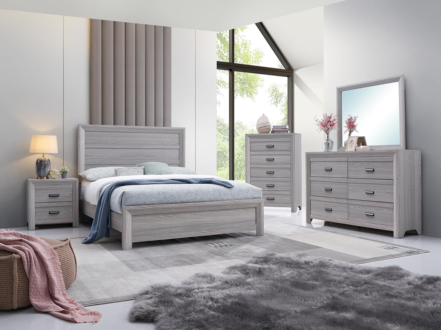 Drift Wood Grey Finish 5pc Full Size Panel Robust Frame Bed Set Wooden Bedroom Furniture Contemporary