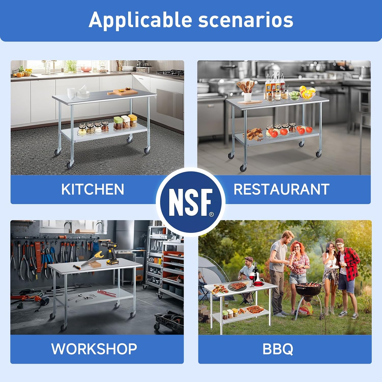 ROCKPOINT Stainless Steel Table for Prep & Work with Caster Wheels 24x60 Inches, NSF Metal Commercial Kitchen Heavy Duty Table with Adjustable Under Shelf and Table Foot for Restaurant, Home and Hotel