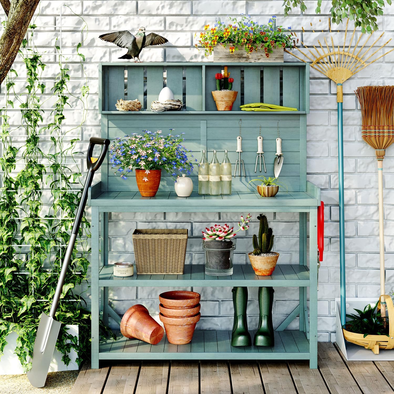 65' Farmhouse Rustic Wooden Outdoor Potting Bench - Patio Workstation with 4 Storage Shelves and Side Hooks (Green, 65inch)