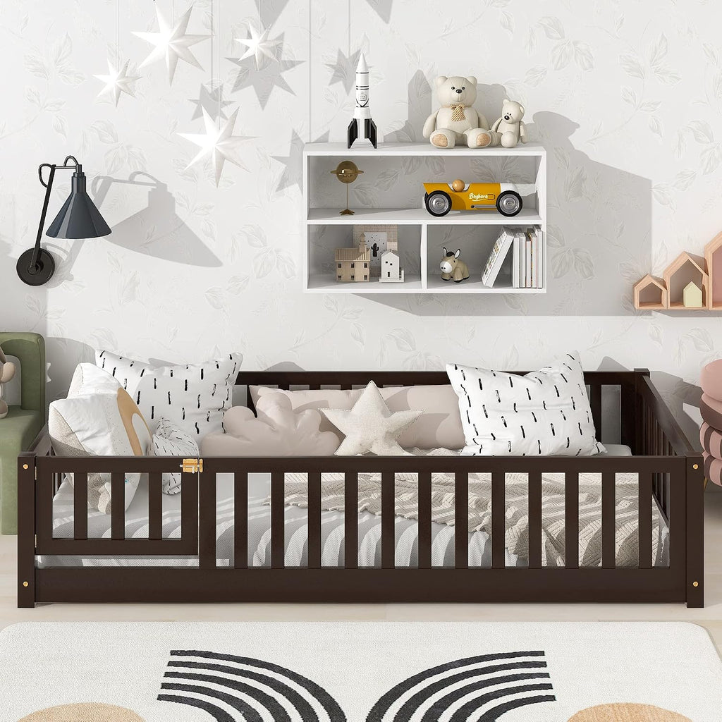 Bellemave Floor Bed for Kids,Twin Size Montessori Floor Bed with Door and Fence,Solid Wood Twin Bed Frame with Removable Slats for Girls Boys,Twin,Espresso