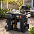 Outdoor Solid Wood Extendable 19.3''/28'' Kitchen Island,Stainless Steel Top Grill Table with Side Spice Rack,Drawers,for Backyard, BBQ,Party (Black-D)