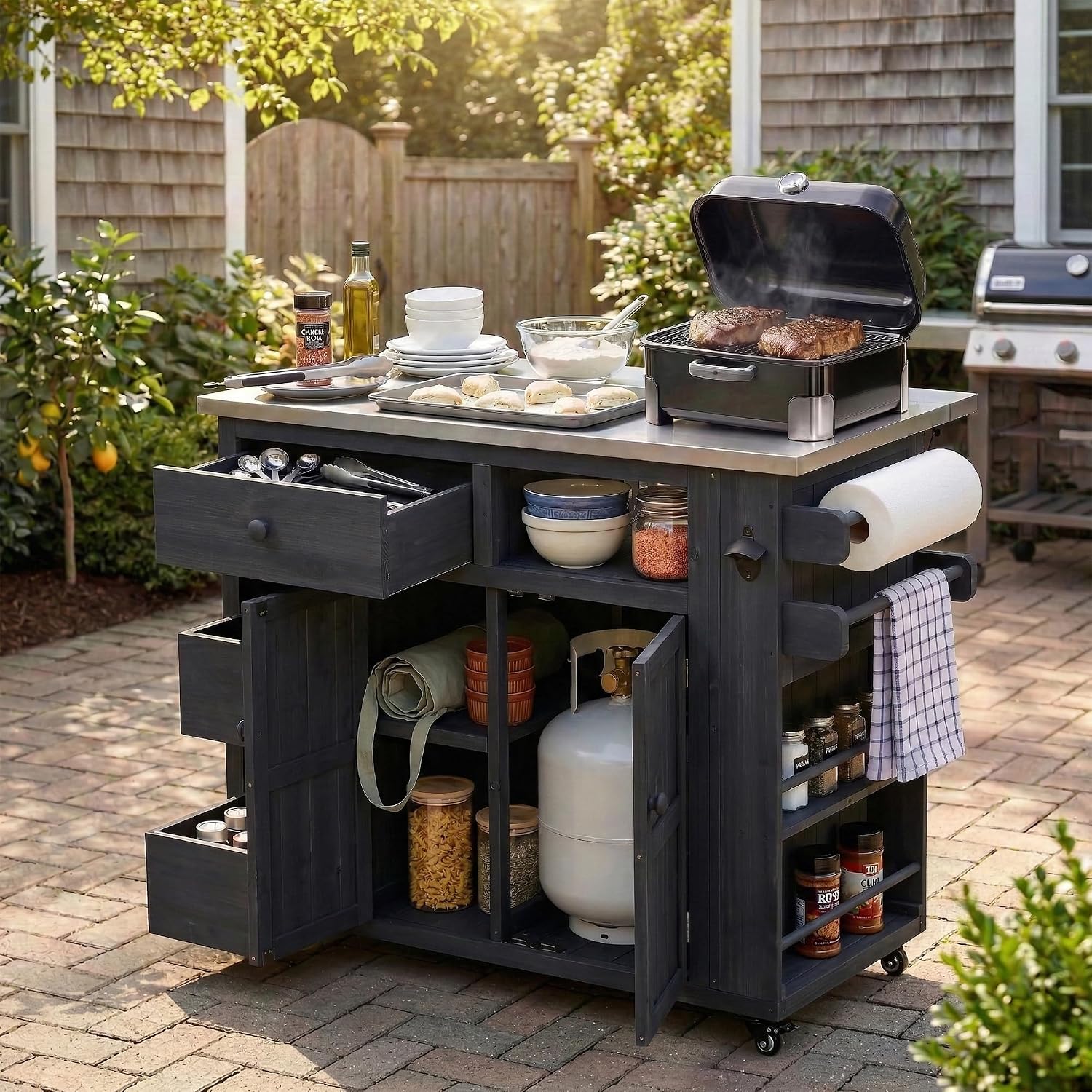 Outdoor Solid Wood Extendable 19.3''/28'' Kitchen Island,Stainless Steel Top Grill Table with Side Spice Rack,Drawers,for Backyard, BBQ,Party (Black-D)