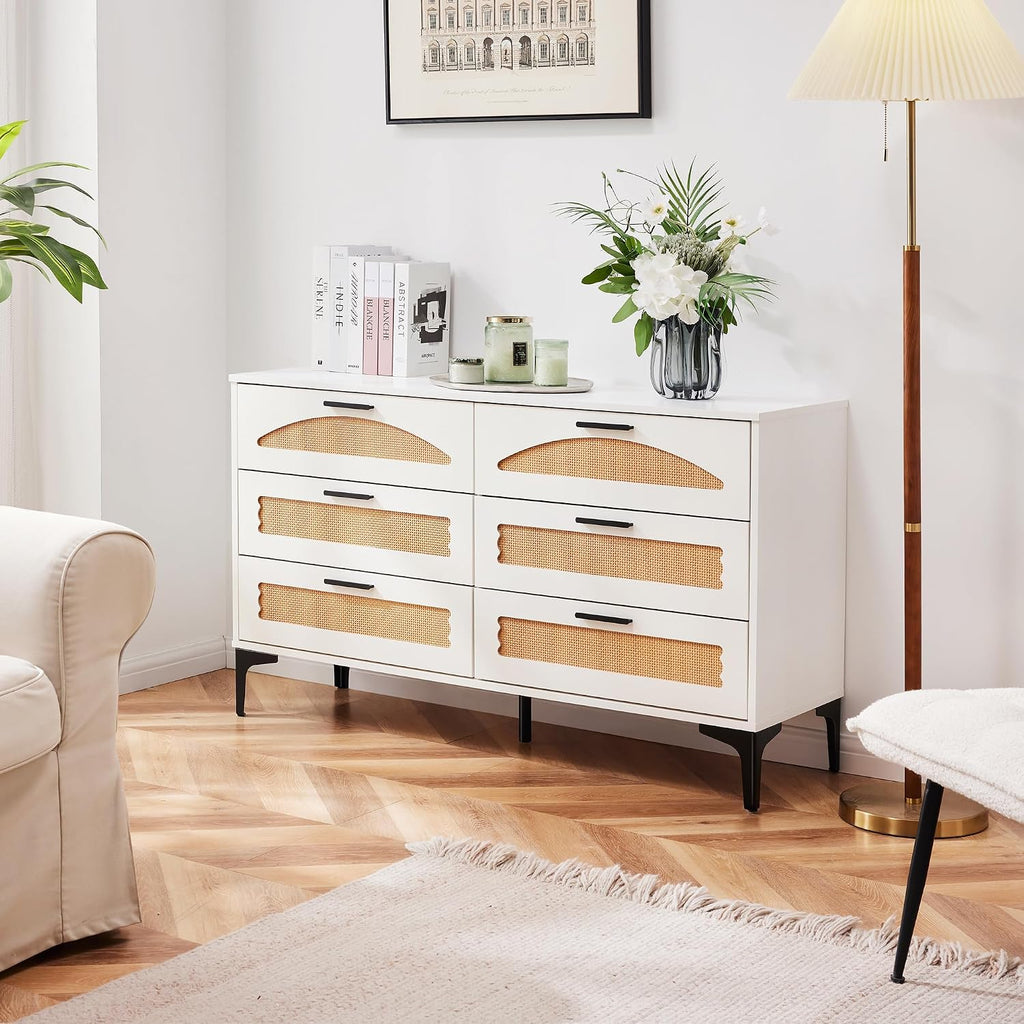 Mericonia 6 Drawer Double Dresser for Bedroom, Wood Rattan Dresser for Closet with Metal Legs, Boho TV Stand with Drawers, Dressers & Chests of Drawers for Bedroom, Hallway and Entryway, White