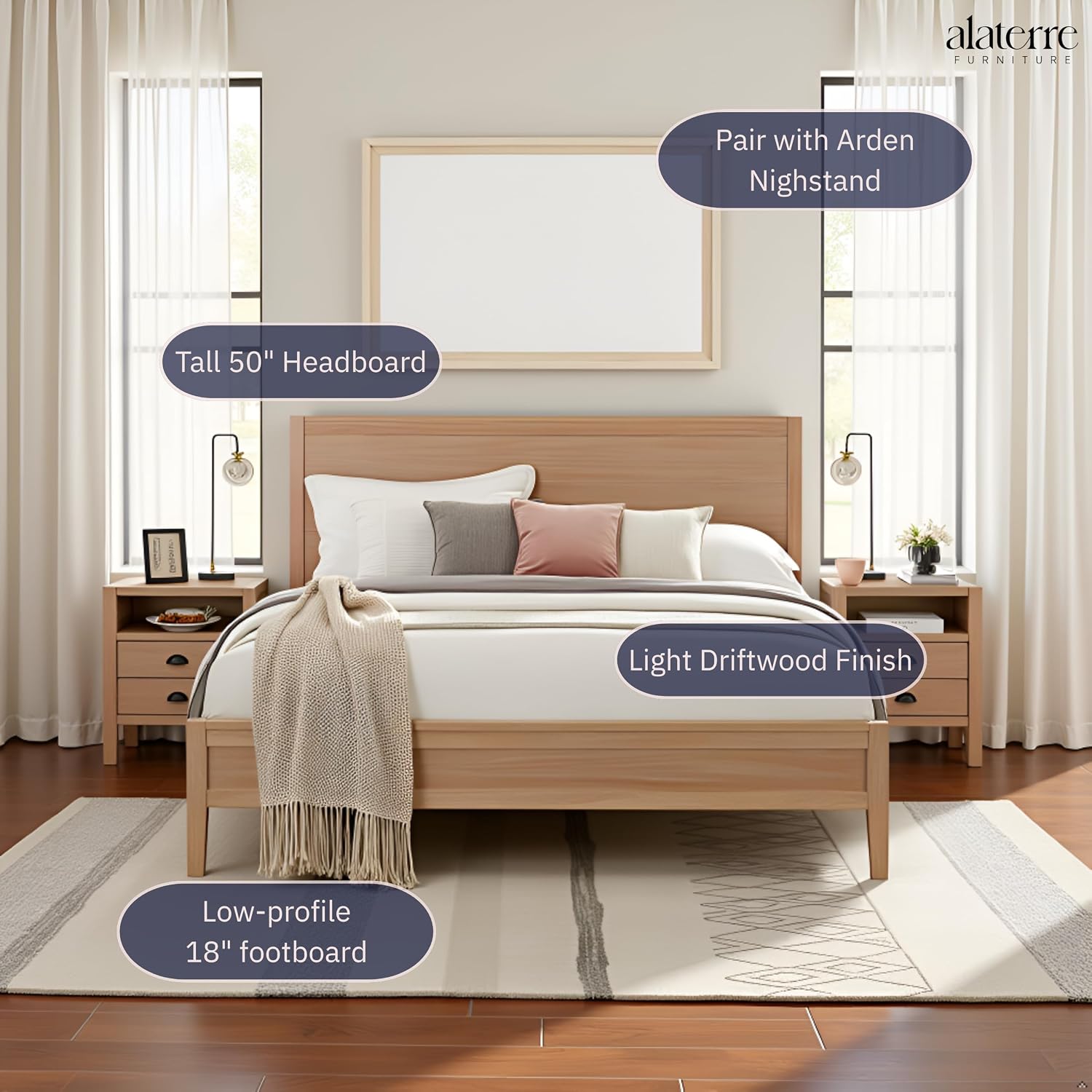 Alaterre Furniture Arden King Bed Frame - Solid Pine Wood with High Headboard and Low Footboard in Light Driftwood Finish - No Box Spring Needed, 81' W x 86' D x 50' H
