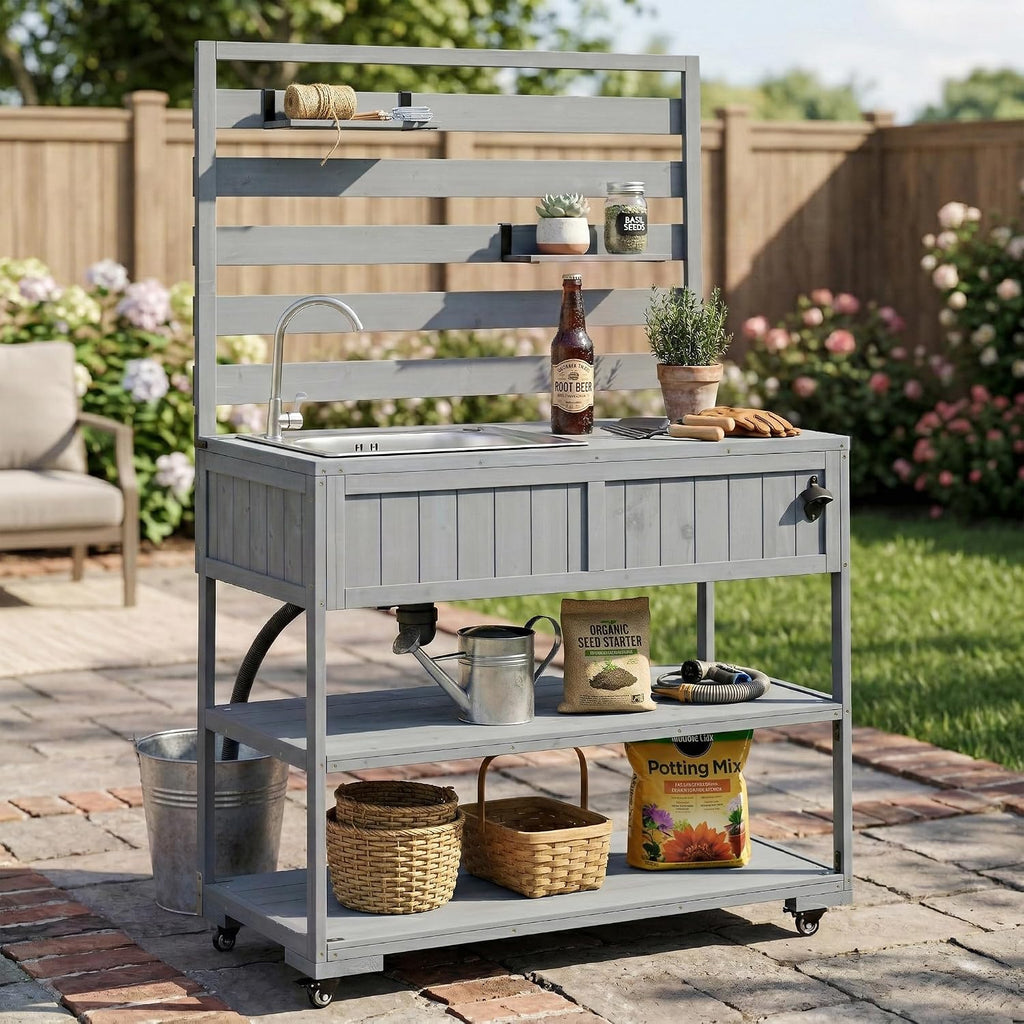 Merax 41.7'' W Outdoor Kitchen Island with Sink, Garden Potting Bench with Stainless Table Top, Rolling Grill Cart with Adjustable Shelves and 1 Bottle Opener,Gray