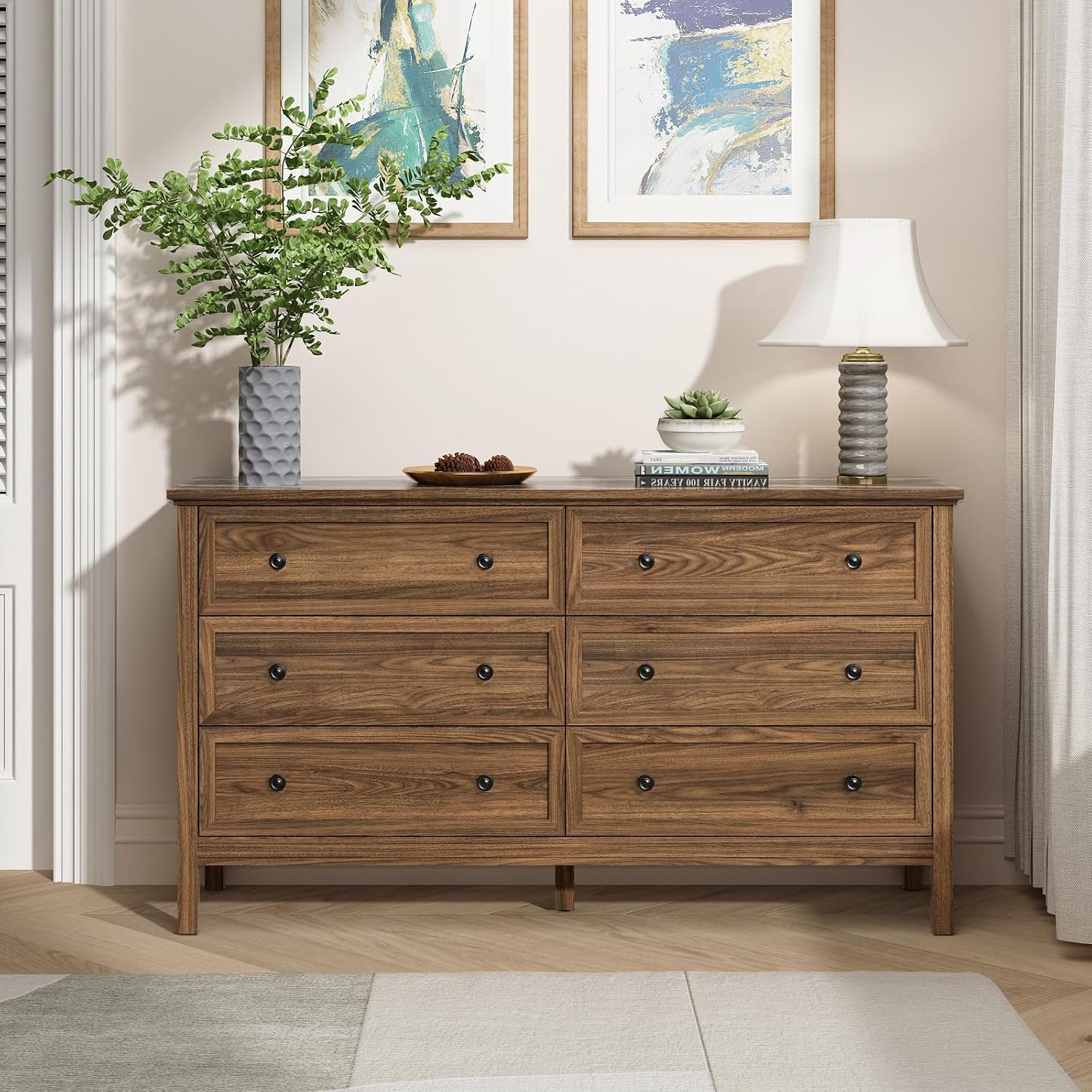 CARPETNAL 55' Walnut Dresser for Bedroom, 6 Drawer Dresser with Wide Drawer and Metal Handles, Wood Dressers & Chests of Drawers for Hallway, Entryway.