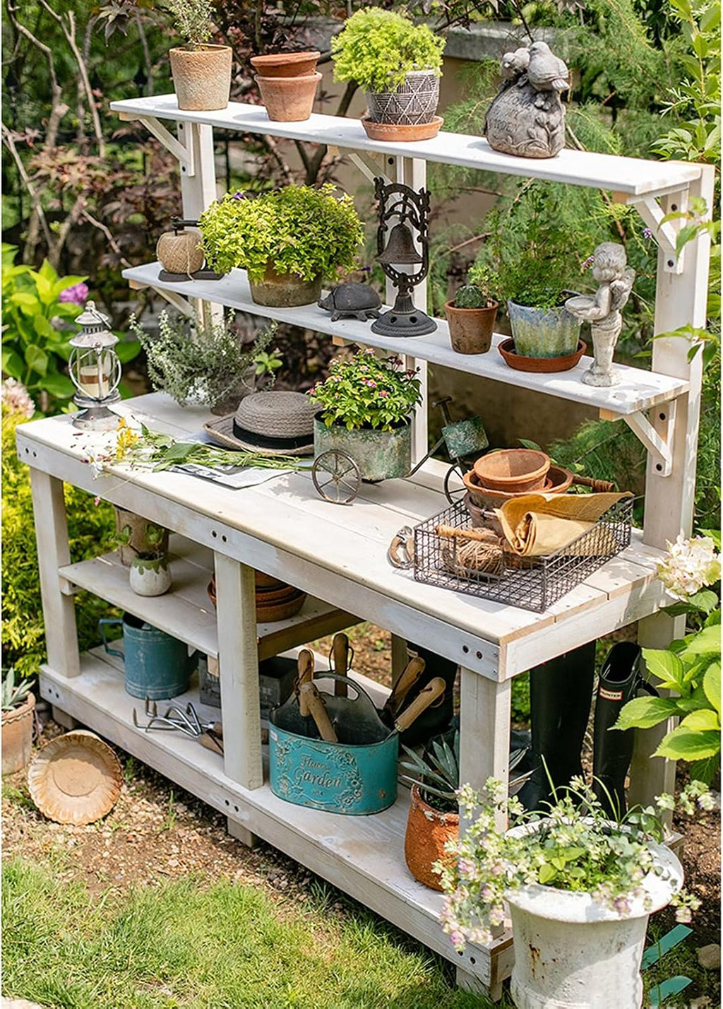 Wooden Outdoor Garden Potting Bench Work Station 4 Layer Multifunction Storage Flower Plant DIY Workstation for Patios,Courtyards