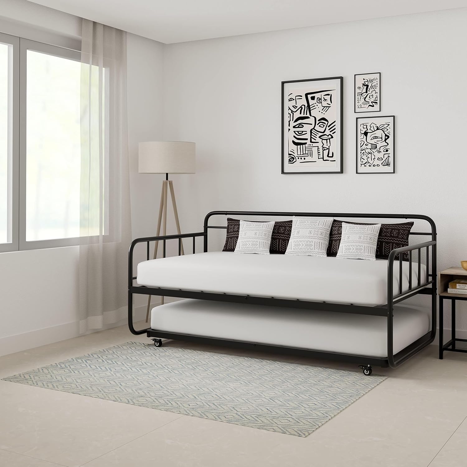 Amazon Basics Twin Daybed and Trundle Bed Frame Set, Space Saving Steel Slat Support, Easy Assembly, Twin Size, Black, 77.3 x 40 x 35.4 in