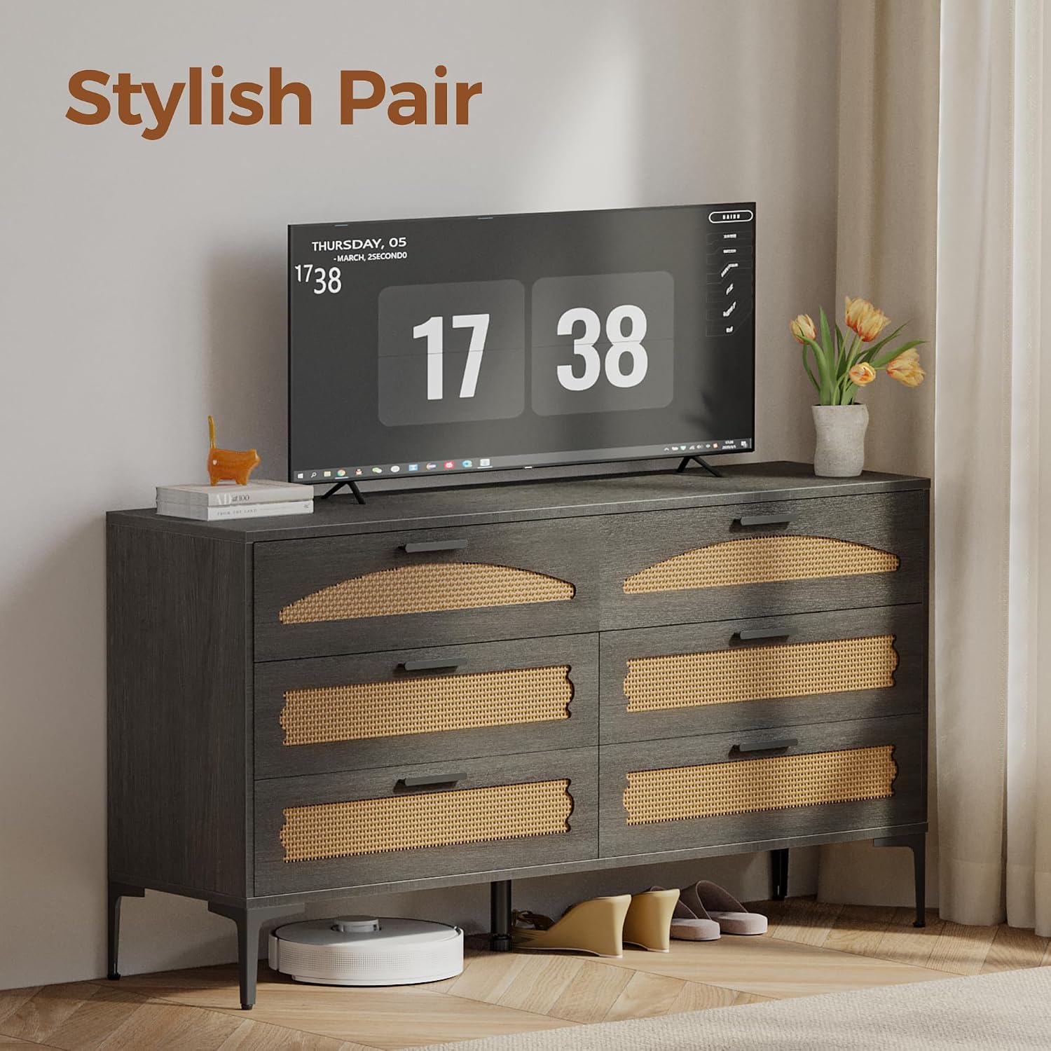 Mericonia 6 Drawer Double Dresser for Bedroom, Wood Rattan Dresser for Closet with Metal Legs, Boho TV Stand with Drawers, Dressers & Chests of Drawers for Bedroom, Hallway and Entryway, Black