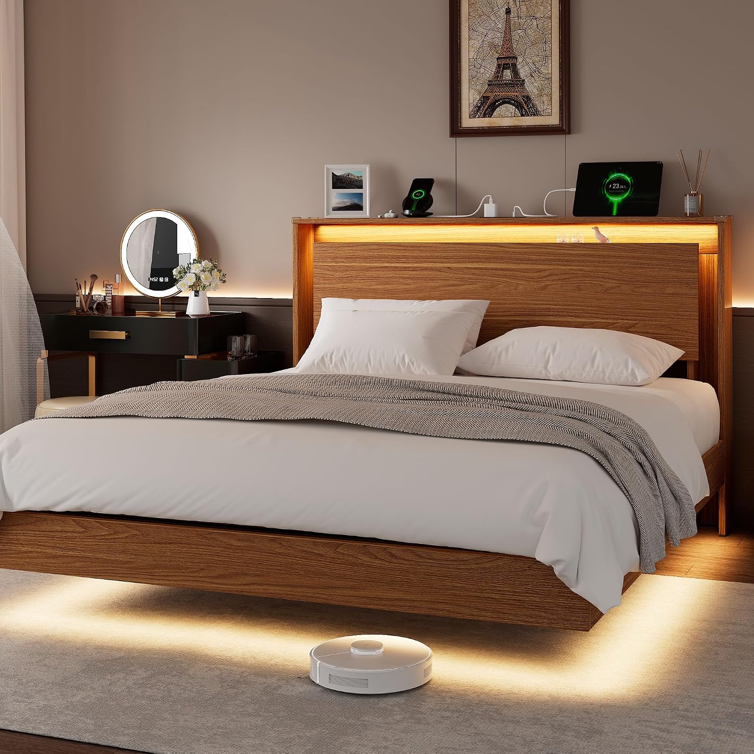 Full Size Bed Frame with LED Lights & Charging Station – Kids Wood Floating Bed Frame with Storage Headboard, Adhesive Slats, Kick-Free & Noise-Free Design, Easy Assembly, Walnut