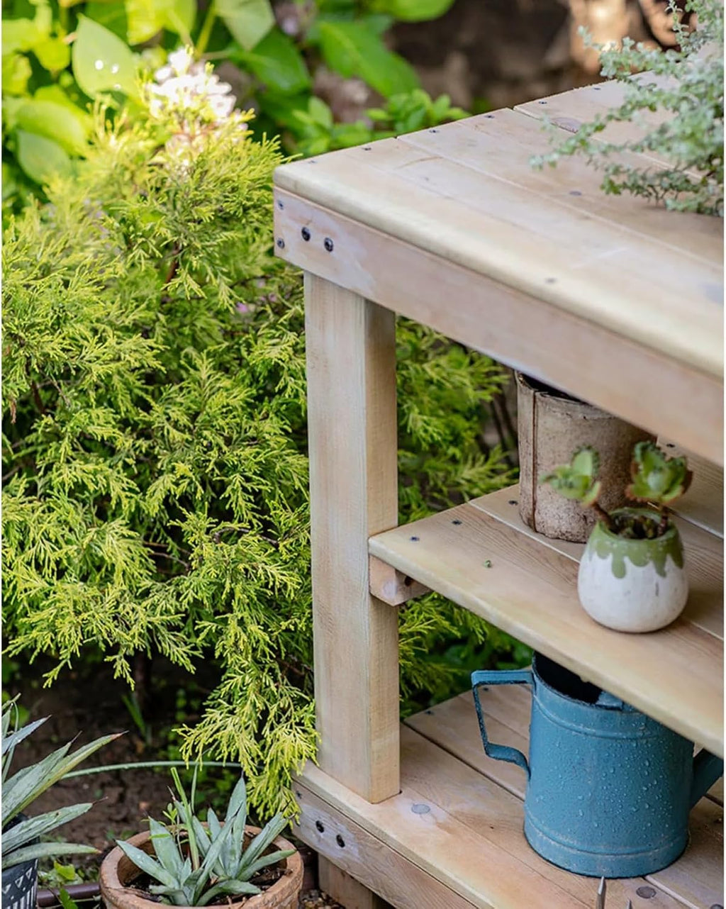 Outdoor Potting Bench Table, Large Horticulture Work Table with Storage Shelf, Wooden Potting Table for Garden Patio Backyard (Color : Natural)