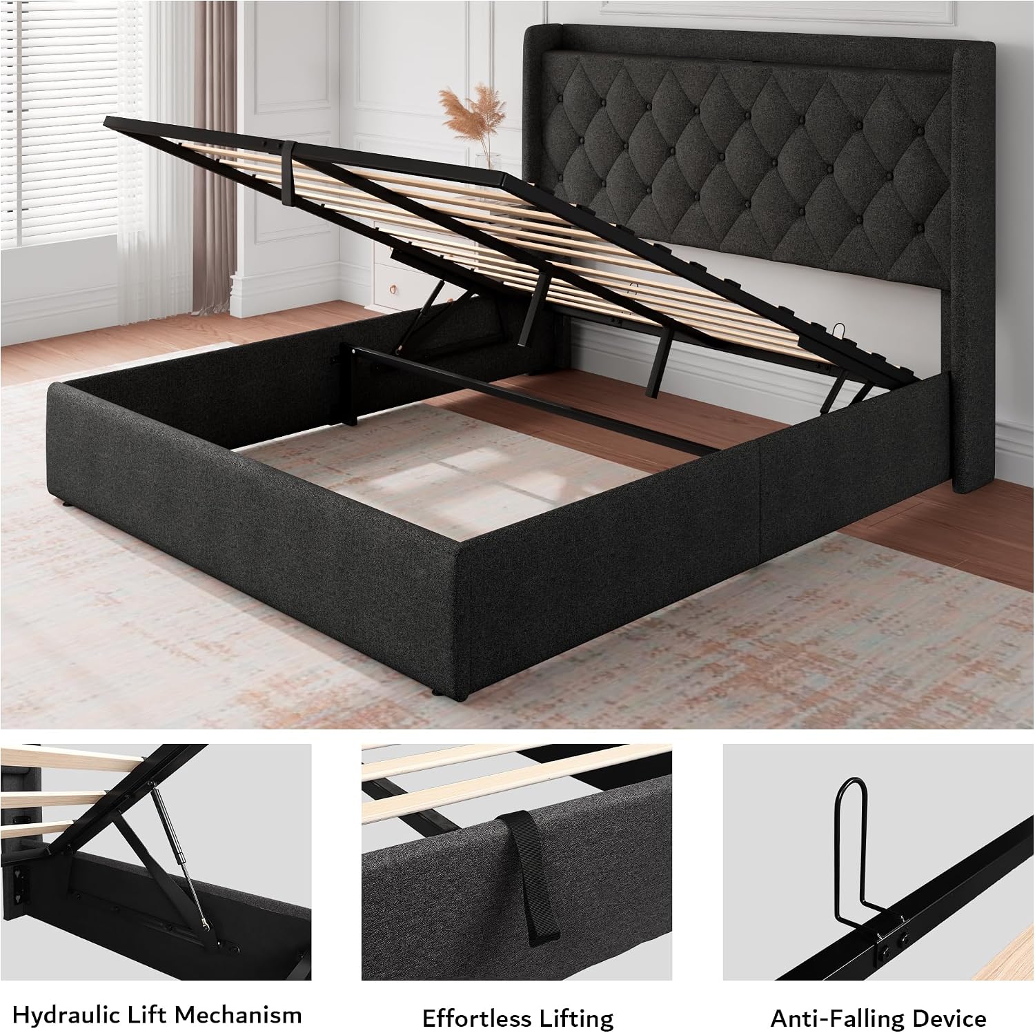 iPormis Queen Size Lift Up Storage Bed Frame with Charging Station, Upholstered Platform Bed Frame with Tufted Headboard, Hydraulic Storage, No Box Spring Needed, Noise-Free, Easy Assembly, Dark Grey