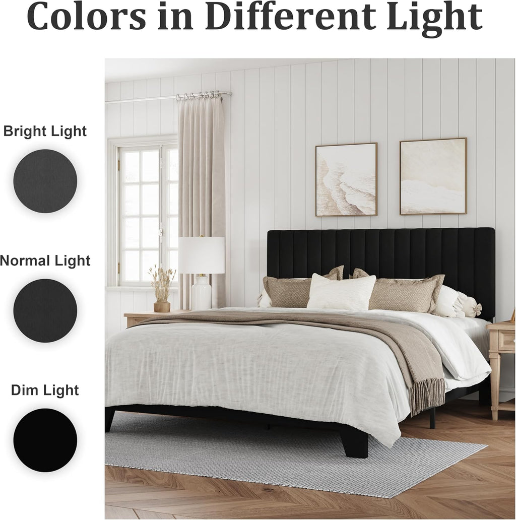 IOILORI Full Size Bed Frame, Velvet Upholstered Platform Bed with Adjustable Tufted Headboard, Sturdy Frame and Slats, Noiseless, No Box Spring Required, Easy to Assemble, Black