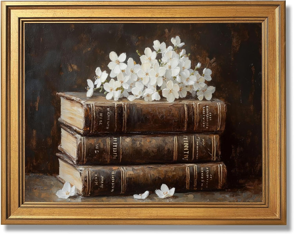 Large Framed Vintage Book and Dried Flowers Oil Painting Poster Retro Stacked Books Canvas Wall Art Classic Booklish Literary Floral Artwork Print for Rustic Bedroom Reading Nook Decor 24x36inch