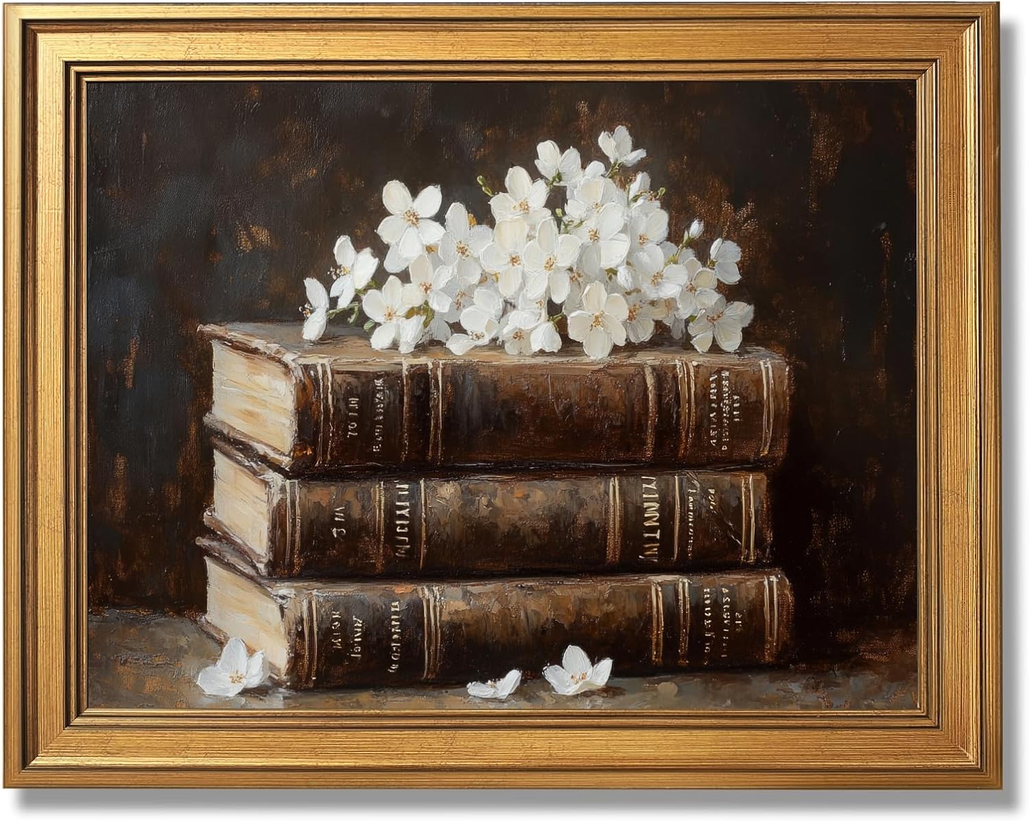 Large Framed Vintage Book and Dried Flowers Oil Painting Poster Retro Stacked Books Canvas Wall Art Classic Booklish Literary Floral Artwork Print for Rustic Bedroom Reading Nook Decor 24x36inch