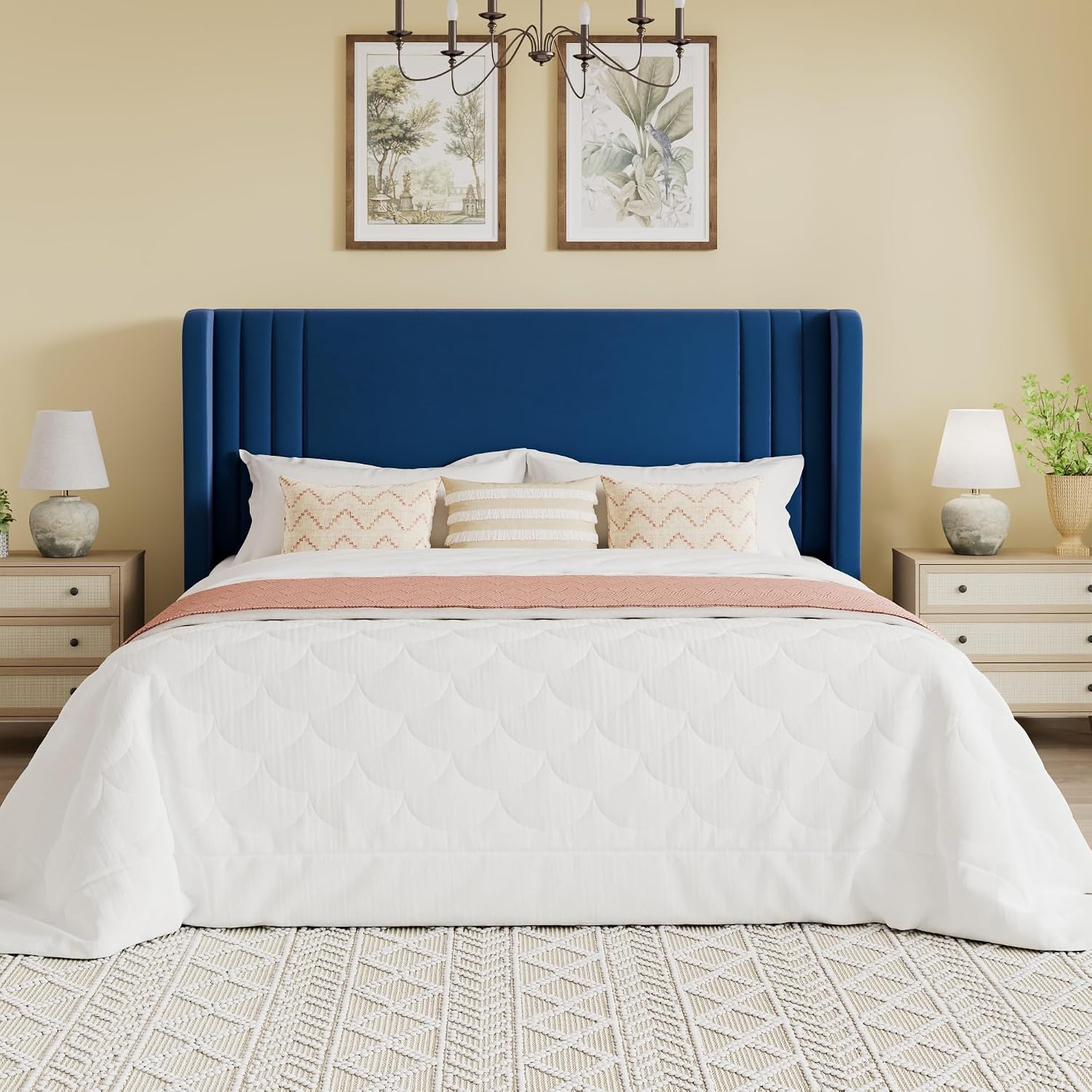 SHA CERLIN Full Size Velvet Upholstered Platform Bed Frame with Vertical Channel Tufted Wingback Headboard, Wooden Slats Support, Easy Assembly, Under Bed Storage, No Box Spring Required, Blue
