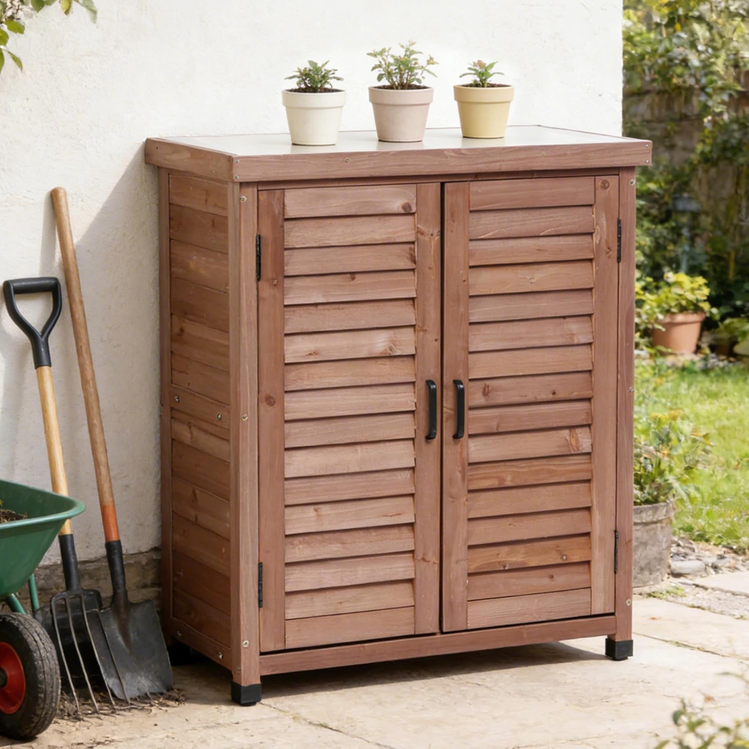 Potting Bench with Storage Cabinet and Metal Table Top for Outdoor Patio, Garden Furniture Wood Workstation (Brown)