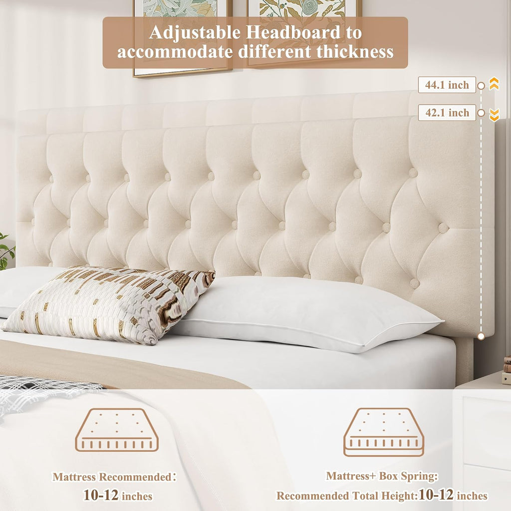 Keyluv Modern Upholstered Bed Frame with 4 Storage Drawers, Button Tufted Headboard Design, Solid Wooden Slat Support, Easy Assembly, Soft Velvet, Beige, King Size