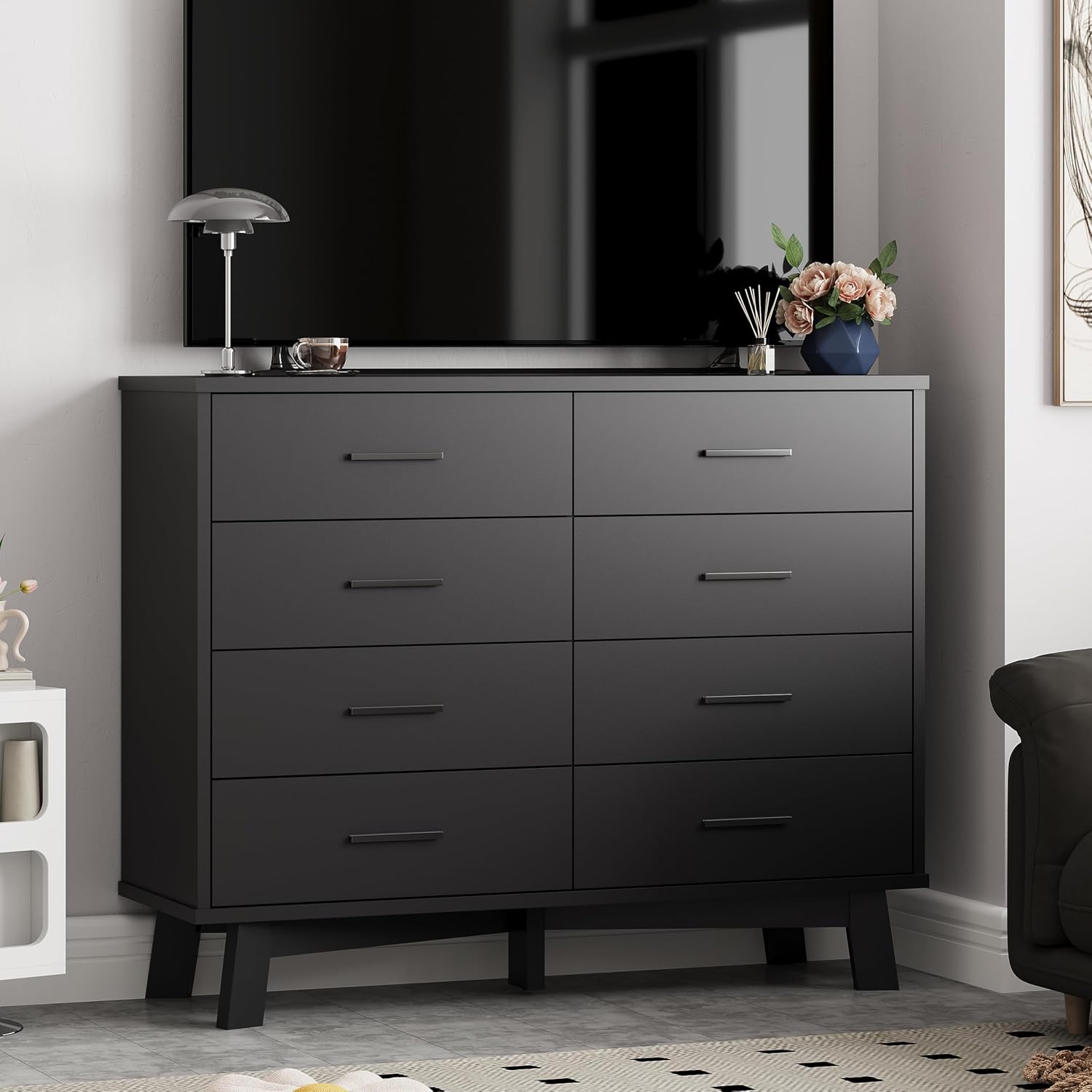 Xixini Dresser for Bedroom, 8 Drawer Wide Modern Chest of Drawers with X-Shaped Sturdy Base, Wood Double Dresser Closet Clothes Storage Organizer, Wooden TV Stand for Living Room, Hallway, Black