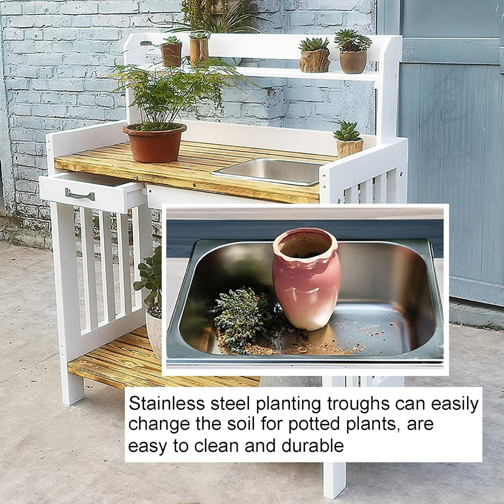 Outdoor Potting Bench, Pine Work Station Table Outdoor Garden Potting Table with Removable Sink, Tools Drawer, 3 Tier Open Shelf & 3 Side Hooks, All-Weather Garden Table Work Station(Blue)