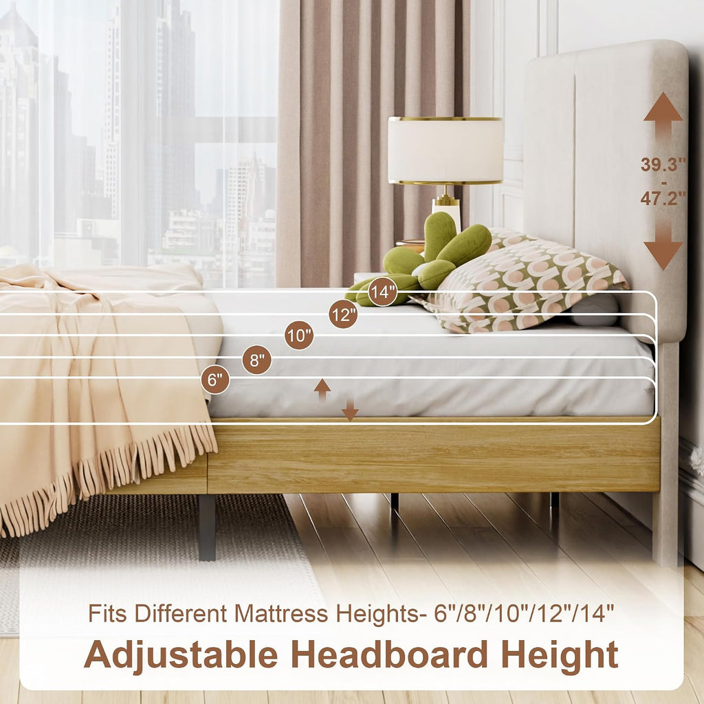VECELO Queen Size Bed Frame Upholstered Platform Beds with Height-Adjustable Cotton and Linen Headboard, Heavy Duty Wood Slats, 6' Under-Bed Space, Noise-Free, No Box Spring Needed, Easy Assembly