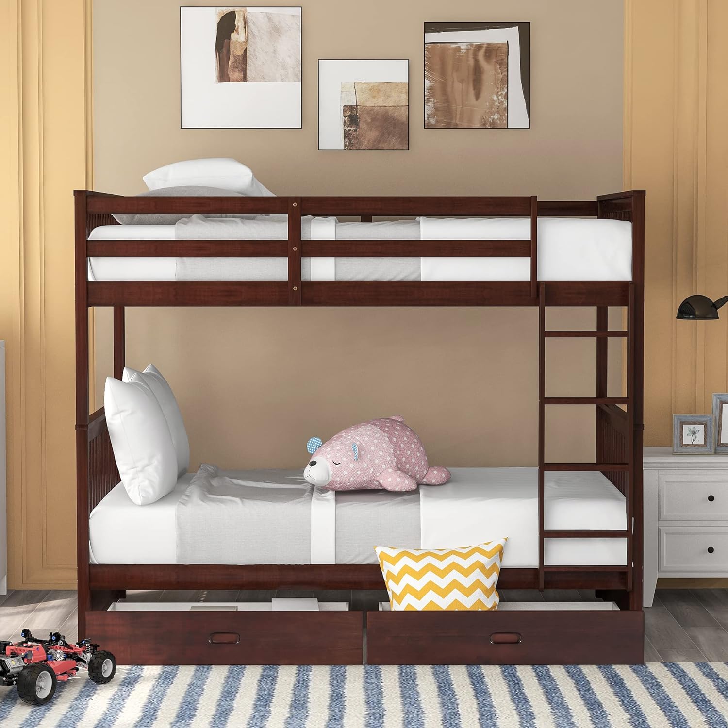 Merax Twin-Over-Twin Bunk Bed with Two Storage Drawers, Solid Wood Twin Size Bunk Bed with Guardrial and Removble Ladder, Can be Converted Into 2 Separate Beds, Espresso