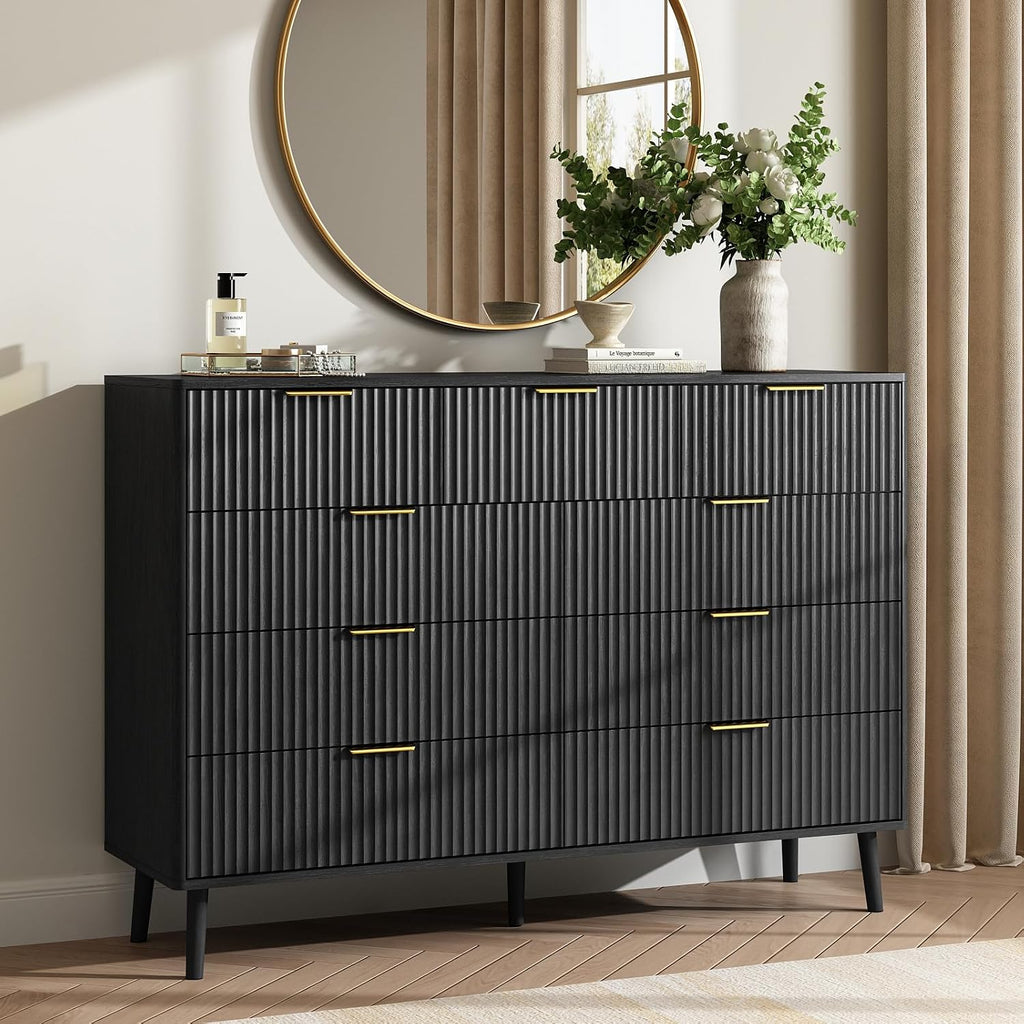 CARPETNAL Fluted 9 Drawer Dresser for Bedroom, 55' Wide Wooden Chest of Drawers with Rounded Corners, Gold Handles, Modern Storage Organizer for Bedroom, Hallway(Black)