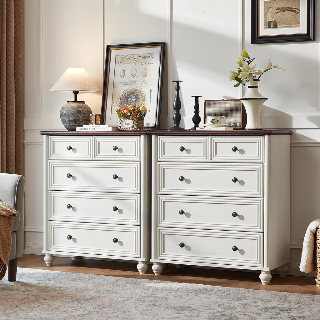 RWYHG Farmhouse 5 Drawer Dresser for Bedroom, 35.5' Tall Small Dressers & Chest of Drawers, Rustic Wood Dresser with Roman Column, Storage Organizer for Living Room, Hallway, Closet (White)