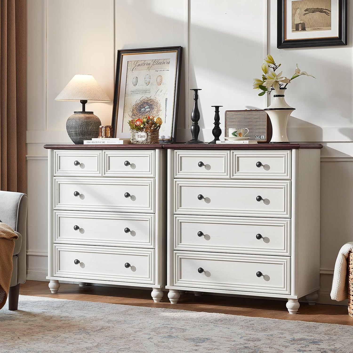 RWYHG Farmhouse 5 Drawer Dresser for Bedroom, 35.5' Tall Small Dressers & Chest of Drawers, Rustic Wood Dresser with Roman Column, Storage Organizer for Living Room, Hallway, Closet (White)