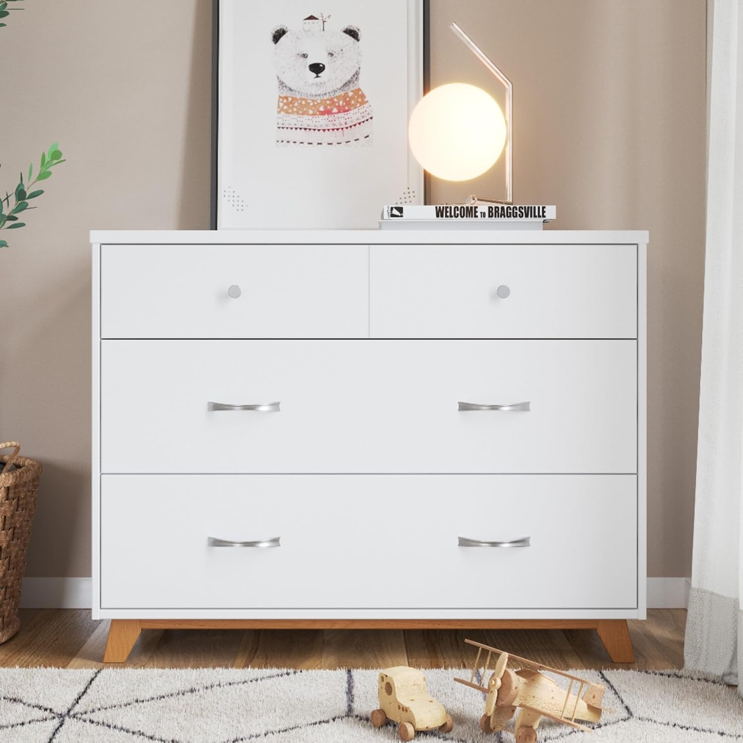 Child Craft Soho Design 4-in-1 Convertible Baby Crib Nursery Furniture Set - Baby Bed, 3 Drawer Dresser, Chest Drawer and Nightstand Desk for Babies, Toddlers and Kids (4 Piece - White/Natural
