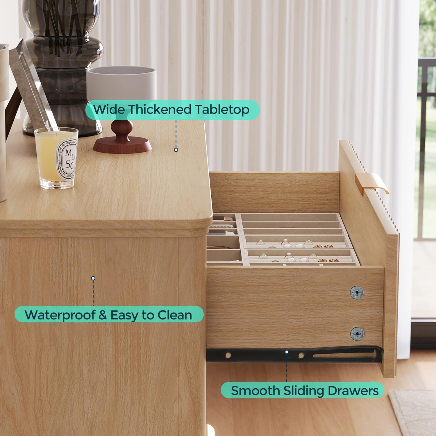 LINSY HOME Fluted 5 Drawers Dresser, 46' Tall Modern Chest of Drawers, Curved Profile Design, Mid Century Wood Dresser with Metal Handle for Bedroom, Living Room, Hallway, Entryway, Oak