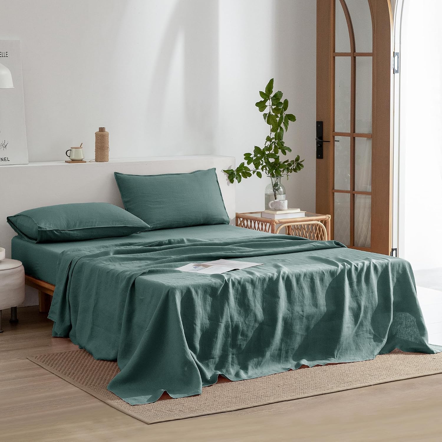 EVERLY Linen Sheets Set Full Size,100% French Stonewash Pure Linen Bed Sheets,4Pieces (1Flat Sheet,1Fitted Sheet,2Pillowcase) Suitable for Hot Sleepers,Deep Pocket Natural Bedding Set-Aqua