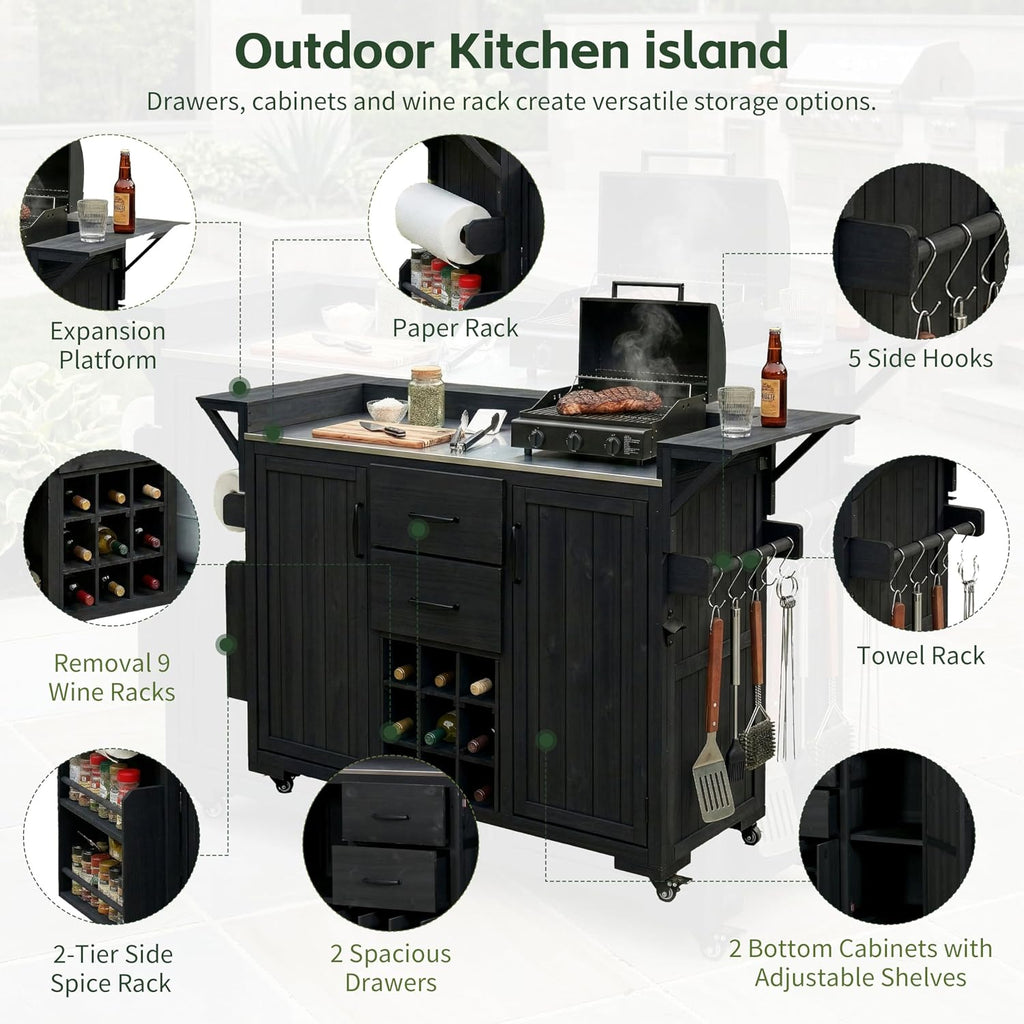 Modern 60.2''W Outdoor Kitchen Island with Wheels,Rolling Patio BBQ Cart with Stainless Steel Top,Wood Grill Cart with Spice Rack&Wine Rack,2 Drawers (Black-T)