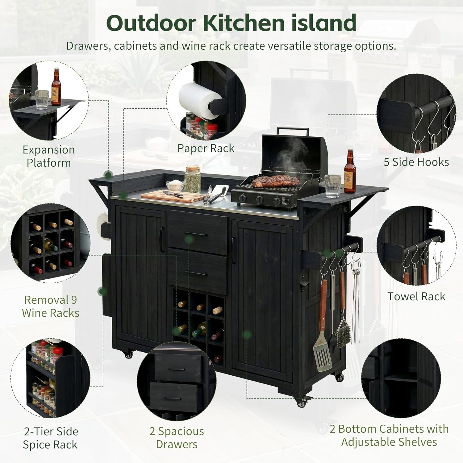 Modern 60.2''W Outdoor Kitchen Island with Wheels,Rolling Patio BBQ Cart with Stainless Steel Top,Wood Grill Cart with Spice Rack&Wine Rack,2 Drawers (Black-T)