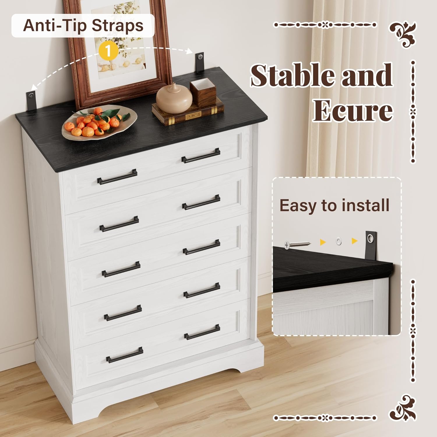 Furmax Farmhouse Dresser for Bedroom, 5 Drawers Dresser, Wood Chest of Drawers, 31.5' Wide Storage Dressers Organizer for Bedroom, Living Room (White and Black)