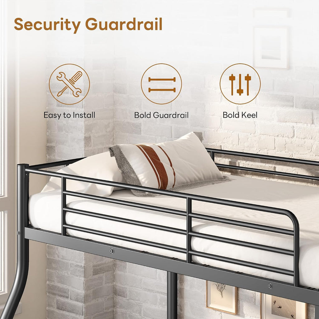 SogeSleep Bunk Beds Twin Over Full Size, More Sturdy Heavy Duty Metal Bunk Bed with Angled Ladder for Teens and Adults, Used for Spaces-Saving, Apartment or Dorm, Noise Free & Easy Assembly, Black