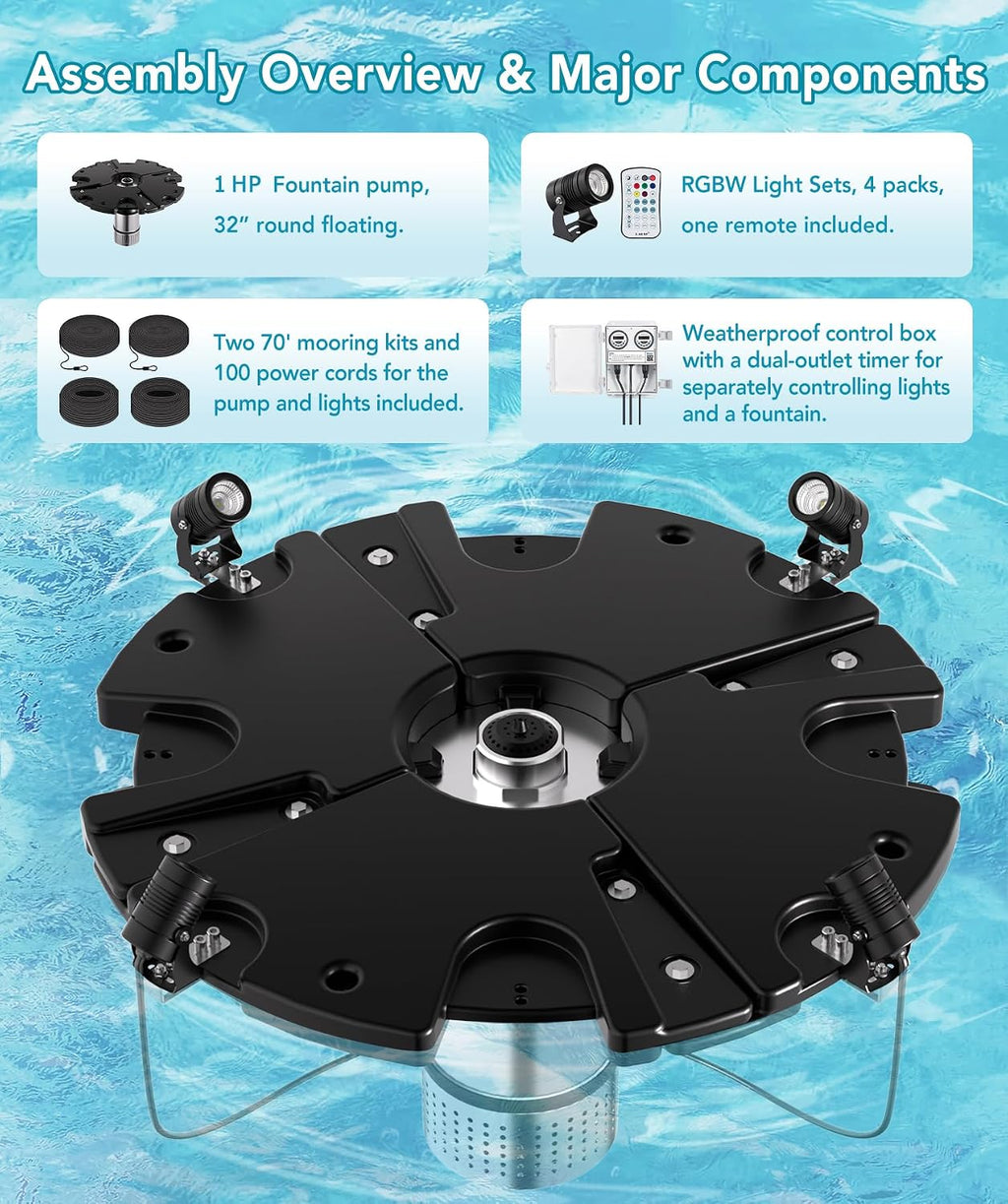 FS01 110V, 1 HP, Large Pond Floating Fountain with LED RGB Lights, Oil Free Pump 13000 GPH with 100' Cord, Two Spray Patterns Included