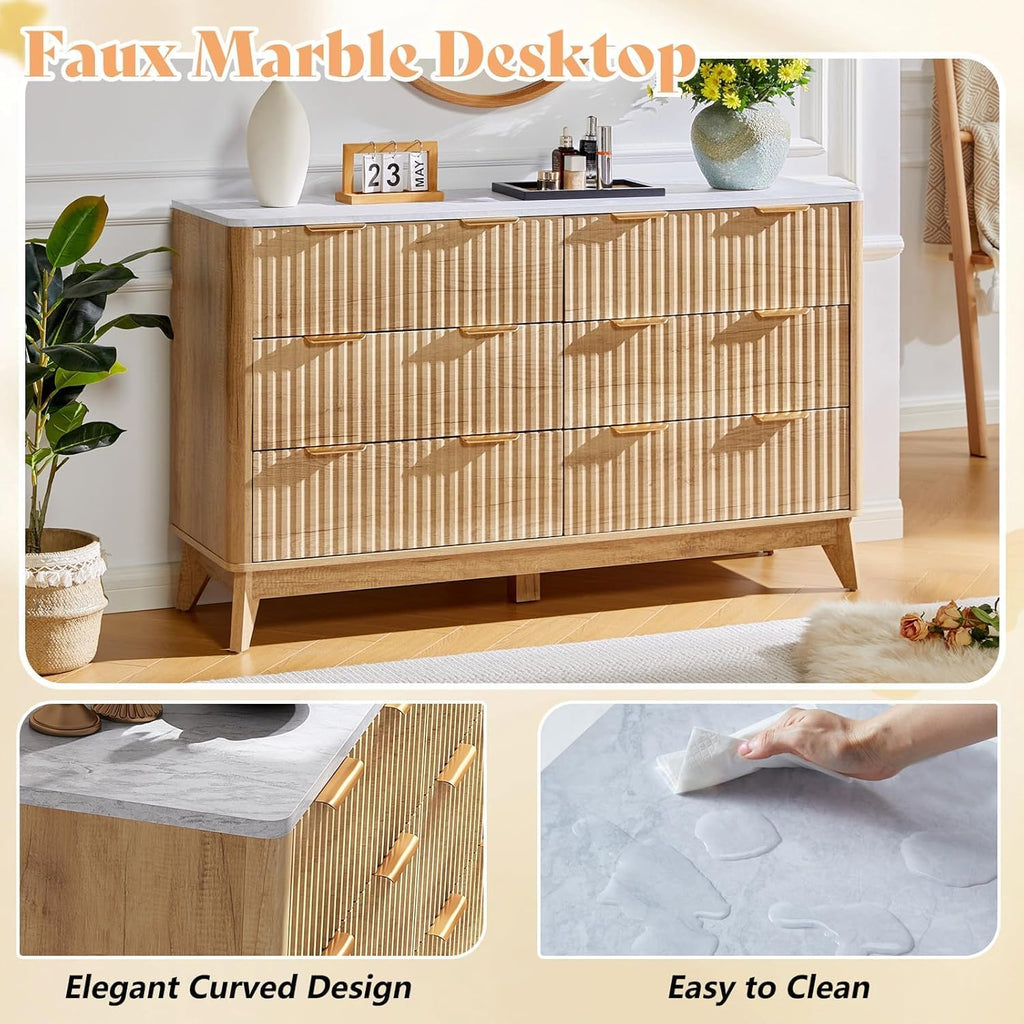 AMERLIFE 2 Piece Bedroom Set, Including Fluted 6 Drawers Dresser with Faux Marble Top, 48' Tall Modern 5 Chest of Drawers for Bedroom, Living Room, Hallway, Entryway, Natural Oak