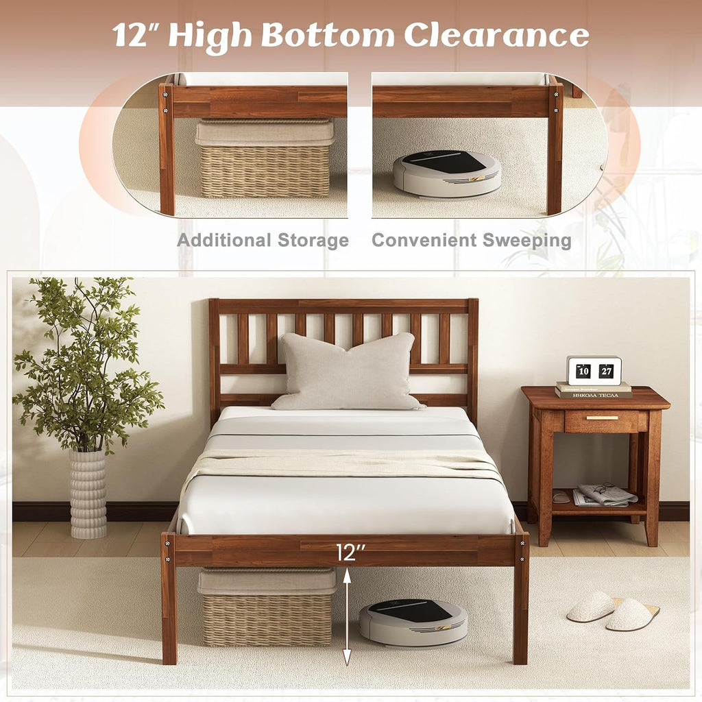 KOMFOTT Twin Size Wood Platform Bed Frame with Headboard, 16-Inch Mid-Century Wooden Bed Frame with Slats Support & 12' Under Bed Storage Space, Retro Mattress Foundation, No Box Spring Needed