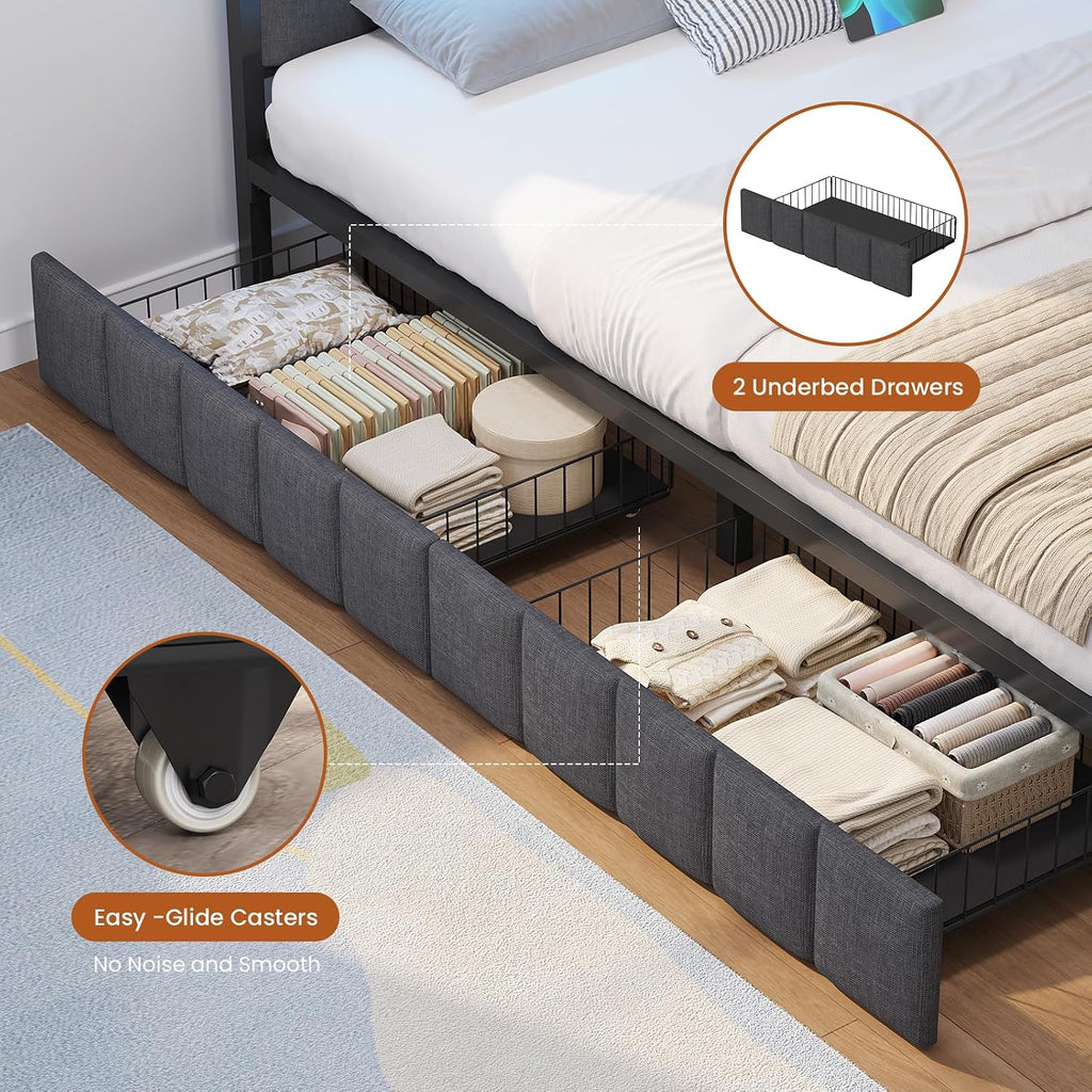 Hasuit Queen Corner Bed Frame with Storage Drawers, Queen Daybed with Line Fabric Upholstered Fence, Kids Bed Unit with LED Light and Charging Station, Modern Bed Frame Queen Size, Gray