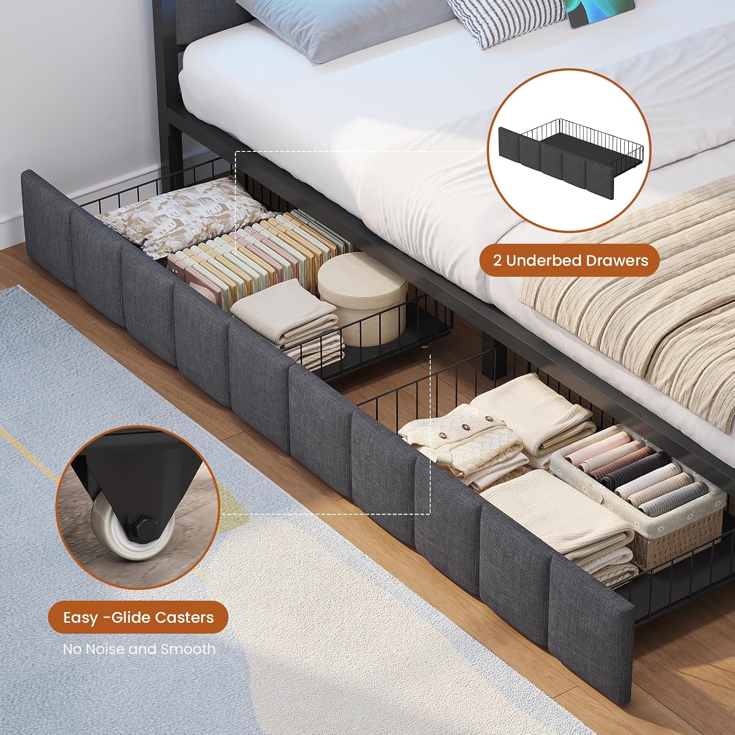 Hasuit Queen Corner Bed Frame with Storage Drawers, Queen Daybed with Line Fabric Upholstered Fence, Kids Bed Unit with LED Light and Charging Station, Modern Bed Frame Queen Size, Gray