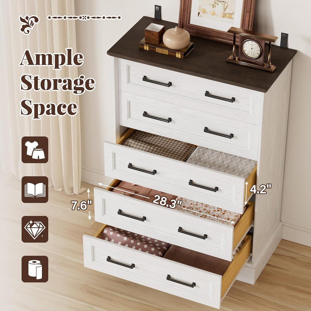 Furmax Farmhouse Dresser for Bedroom, 5 Drawers Dresser, Wood Chest of Drawers, 31.5' Wide Storage Dressers Organizer for Bedroom, Living Room (White and Brown)