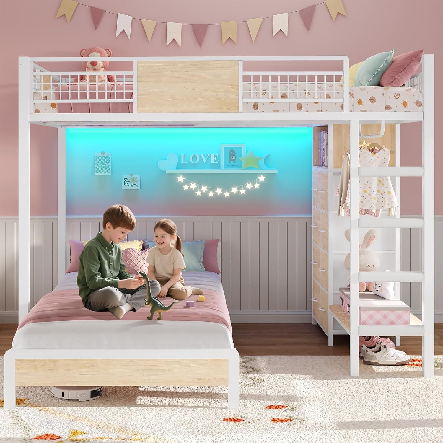 ADORNEVE Full Over Twin Bunk Bed with 8 Storage Drawers, Metal Loft Bed with Led Lights & Storage Shelves, Bunk Beds Twin over Full Size with 13.4' H Safety Guardrail & Ladder, for Kids & Teens, White