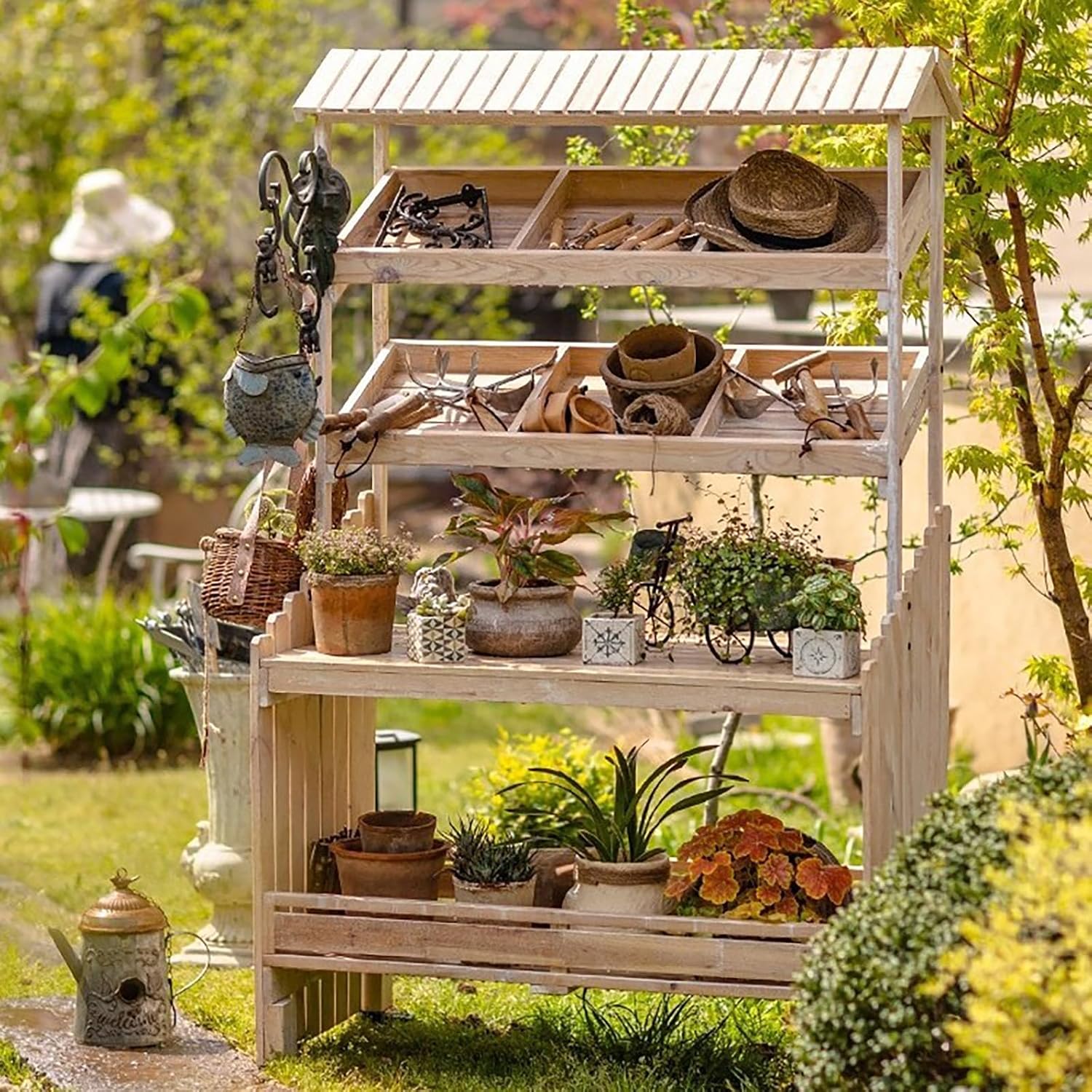 Potting Bench with Storage Wooden Garden Table Work Station Movable Wheels Open Shelf Lower Storage Outdoor Patio Workstation