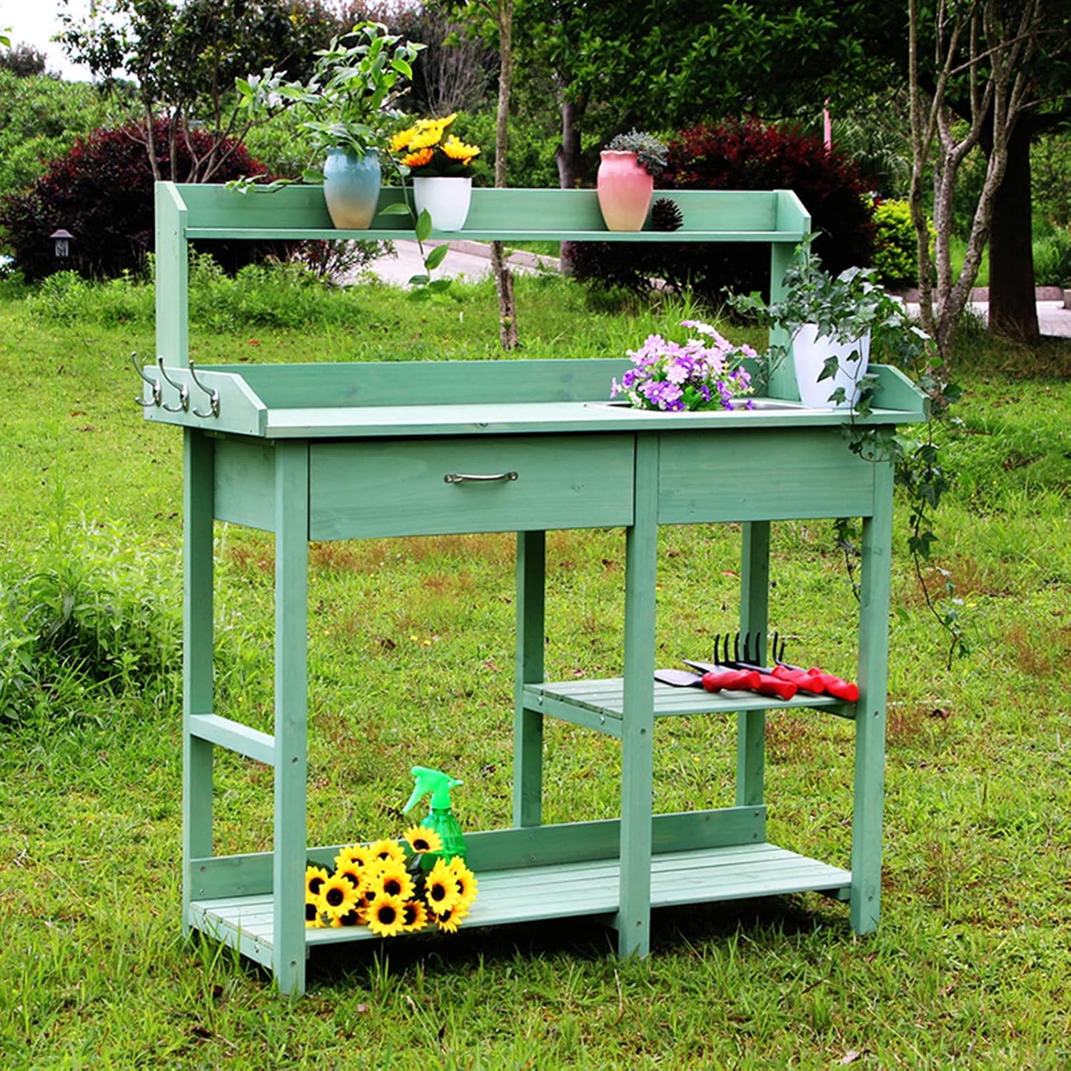 Garden Potting Bench Table, Wood Outdoor Workstation with Storage Cabinet and Planting Sink, Side Hooks and Bottom Shelf for Garden Supplies